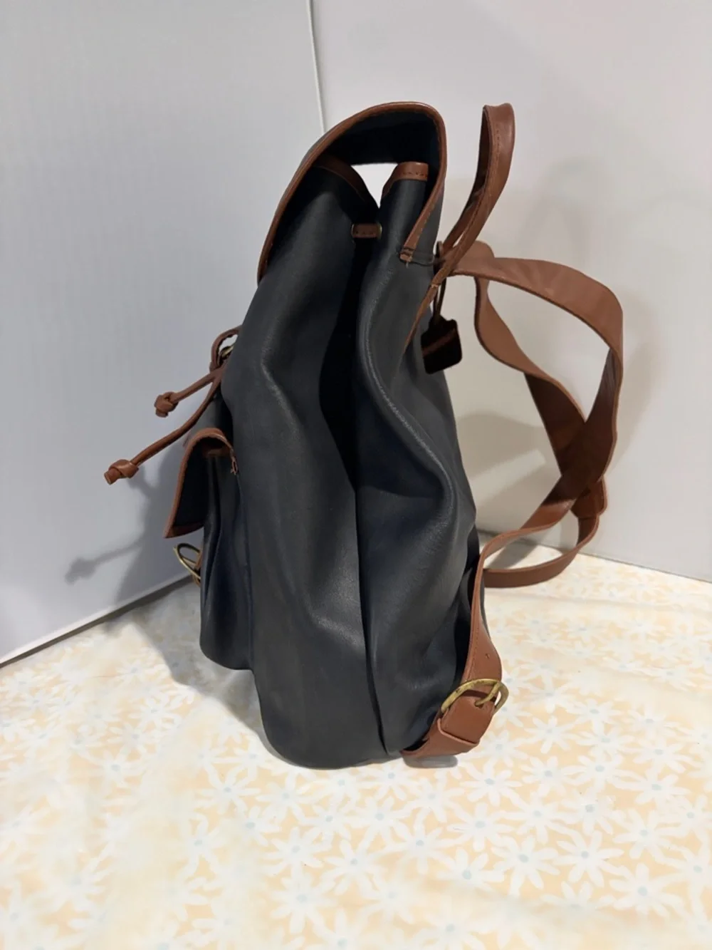 Men's Black and Brown Leather‎ Backpack